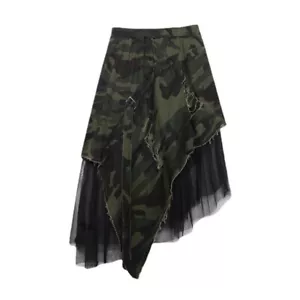Lady Denim Camouflage Skirt Mesh Irregularity Midi Elastic Waist A-line Punk - Picture 1 of 8