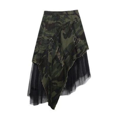 Ladies Denim Camouflage Skirt A-line Mesh Irregularity Midi Elastic Waist Punk - Image 1 of 4