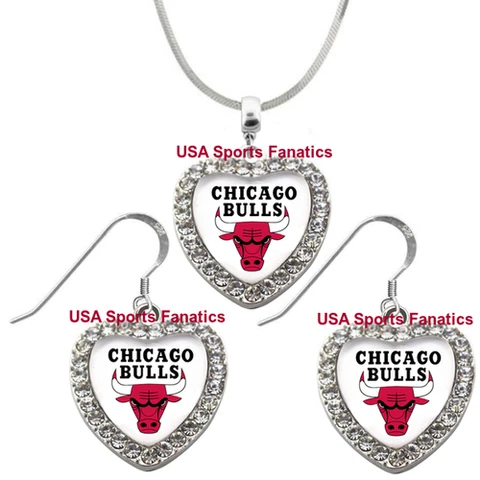 Chicago Bulls 925 Necklace or Earrings or Set Team Heart With Rhinestones Cover