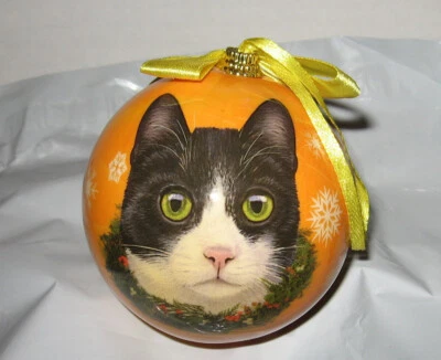 Esmoquin blanco negro gato gatito 3" bola redonda adorno con cinta colgante irrompible Foto 1 de 4