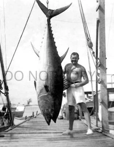ANTIQUE FISHING REPRO 8X10 PHOTOGRAPH ERNEST HEMINGWAY WITH HUGE TUNA - Picture 1 of 1