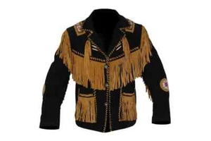Herren Indianer Western Cowboy Wildleder Lederjacke Fransen & Perlen Mantel - Bild 1 von 5