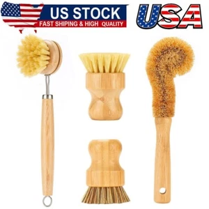 Bamboo Dish Brushes Sets 4Tools in One Kitchen Clean Dish Scrubber for Pots Pans - Picture 1 of 7