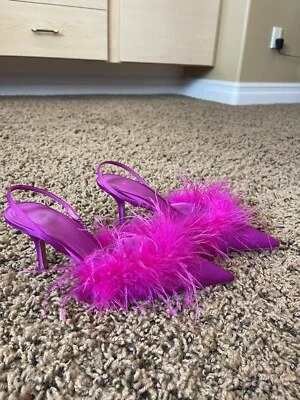 ZARA FEATHERED FABRIC HEELED SHOES Pink Fuchsia Slingback Heels Sz 39 - Image 1 of 4