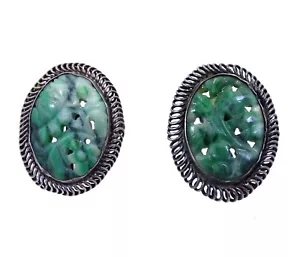 Antique CHINESE EXPORT Pierced Carved JADEITE Oval Green JADE Silver Earrings - Picture 1 of 8