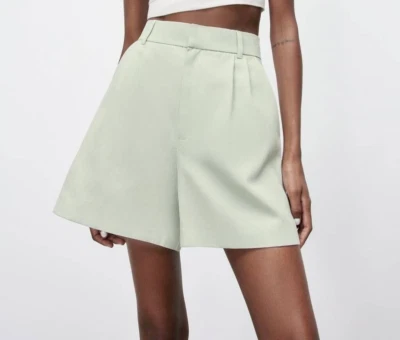 NUEVO CON ETIQUETAS BERMUDAS ZARA Mujer Cintura Alta Mezcla de Lino Verde M Foto 1 de 4