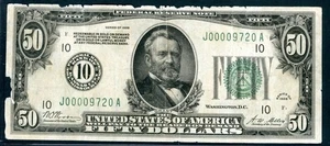 US FEDERAL RESERVE NOTE $50 SERIES 1928 WOODS-MELLON NOTE A80 - Picture 1 of 2