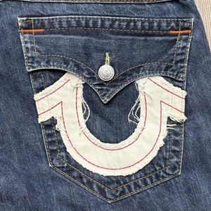 Vintage True Religion Jeans Mens 34 Slim Fit Blue Denim Straight Leg Back Flaps - Picture 1 of 17