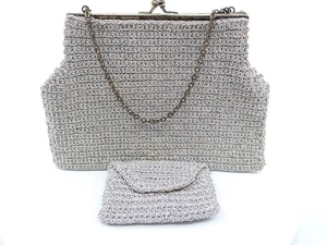 Vintage 1950s Silver Metallic Crochet Evening Bag & Coin Purse set Kiss lock - Picture 1 of 22