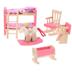 Juego de muebles naturales para casa de muñecas con mecedor y trona - Imagen 1 de 12