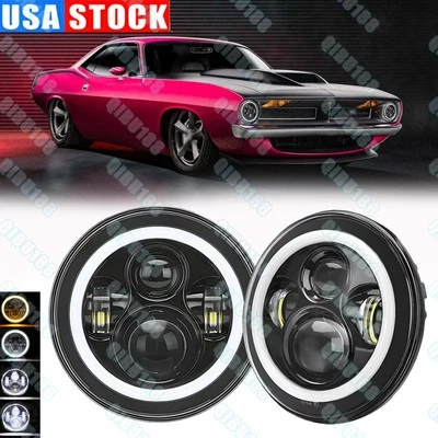 2x FOR Plymouth Barracuda Cuda Duster 340 7"LED Headlights Halo Halo Hi/Lo Beam - Image 1 of 4