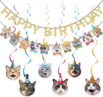 Banner de feliz cumpleaños para gatos - Decoraciones de cumpleaños para gatos Suministros de decoración de fiestas para Ki Foto 1 de 4