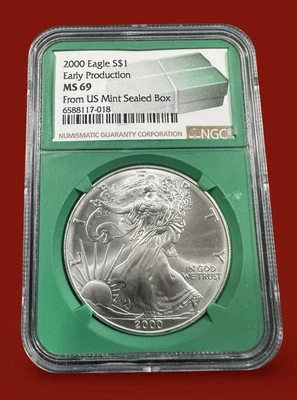 🦅2000 Early Production Silver American Eagle NGC MS69 Green Core Rare🦅 - Image 1 of 2