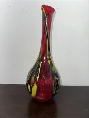 "Jarrón retro Pier 1 rojo de vidrio soplado con remolinos amarillos verdes y negros con etiqueta 14,5""" Foto 1 de 4