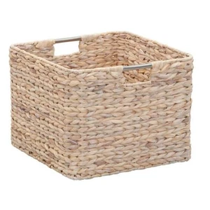 White Wash Square Hyacinth Decorative Wicker Storage Basket w/ Stainless Handles - Picture 1 of 7
