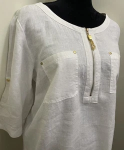 Ellen Tracy Women’s White 100% LINEN Short Sleeve Top Gold Hardware Size L - Picture 1 of 15