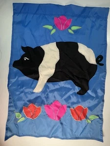 Nylon Country Pig Flag 29x27” Black and White with Flowers Outdoor Garden - Picture 1 of 8