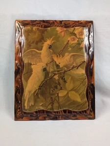 VINTAGE Alfonso T. Toran, THREE WHITE COCKATOOS Lithograph ART Lacquer Over Wood - Picture 1 of 6
