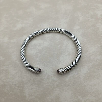 David Yurman Sterling Silver 5mm Diamond Garnet Cable Classic Cuff Bracelet - Image 1 of 4