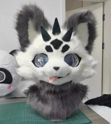 Cosplay festa mascote raposa cachorro peludo longo dragão cinza peludo cabeça @701 - Imagem 1 de 4