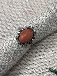 Anillo de plata fina de coral y marcasita de colección de los años 50 talla L 1/2 930 - Imagen 1 de 12
