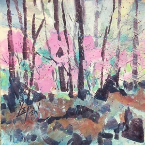 Larry Lerew painting Americana collectible original forest woods pink trees COA - Picture 1 of 1