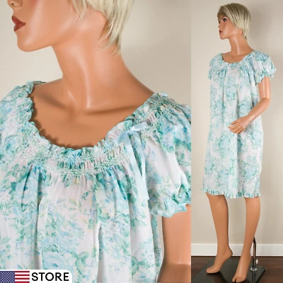 💖 Camisón MISS ELAINE Vintage Azul Pastel Floral Volantes Mezcla Algodón ILGWU L Foto 1 de 4