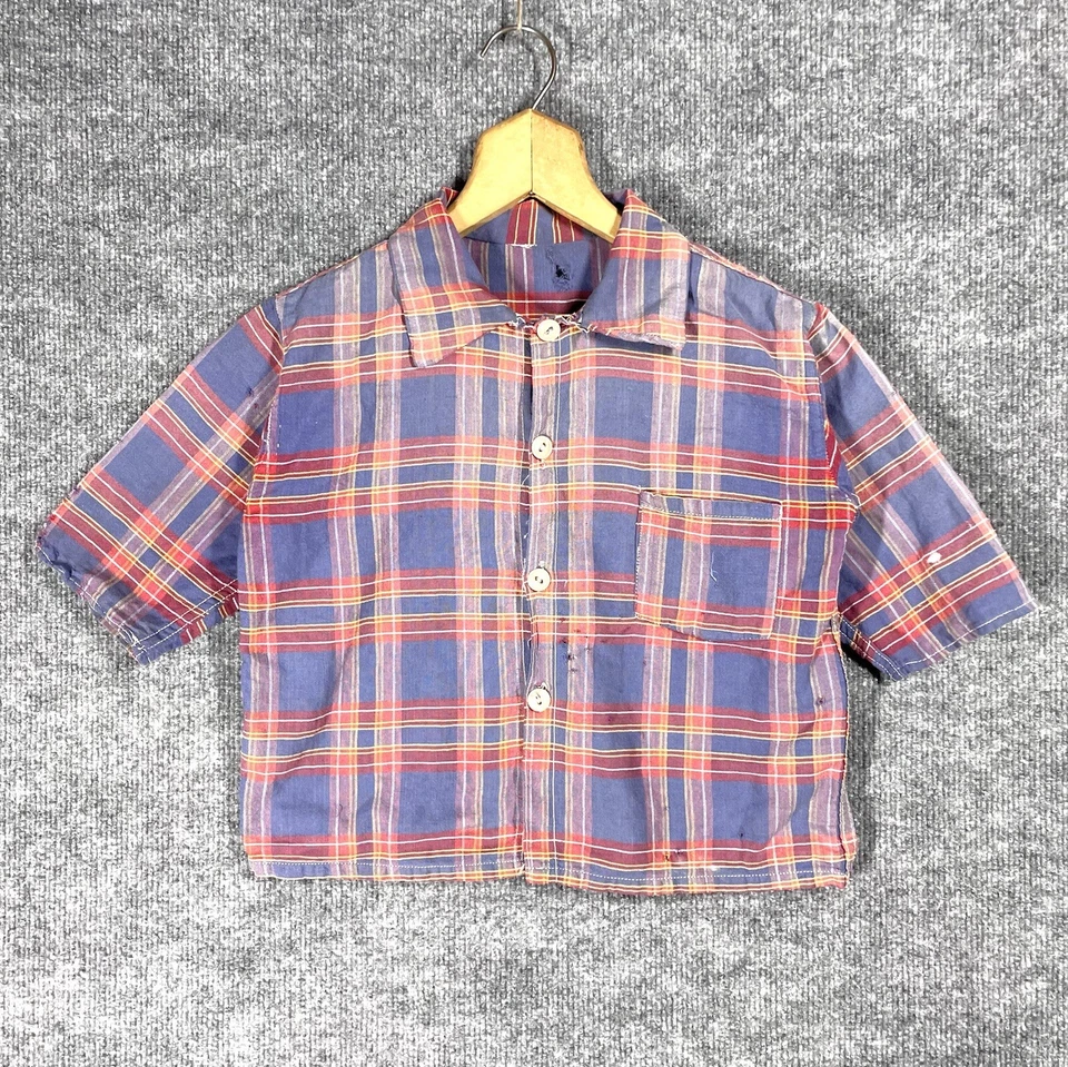 VINTAGE 20s 30s Flannel Shirt Childrens Cotton Plaid 1920s 1930s Work Antique - Image 1 of 4