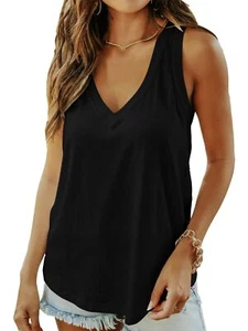 Women's Fish Print Deep V Neck Tank Top Cotton Sleeveless Shirt Black - Picture 1 of 3