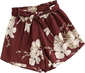 Nuevos Pantalones Cortos de Verano Para Mujer Estampado Floral Corbata Cintura Rojo Oscuro Medianos - Imagen 1 de 3