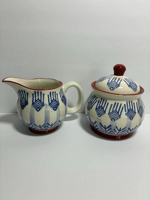 Signature Housewares Creamer & Sugar Bowl White w/ Blue & Red Design Print 11-1 - Image 1 of 4