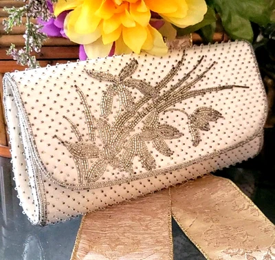 1940s Flowers Handmade Silver & White Beaded Clutch Purse Handbag Exquisite - Image 1 of 4