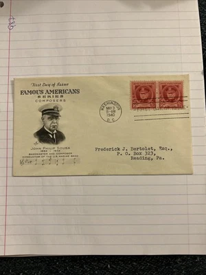 John Philip Sousa (Composer) 2c Stamp 1940 Fdc Sc#880 Art Craft Cachet Cover #1 - Image 1 of 4