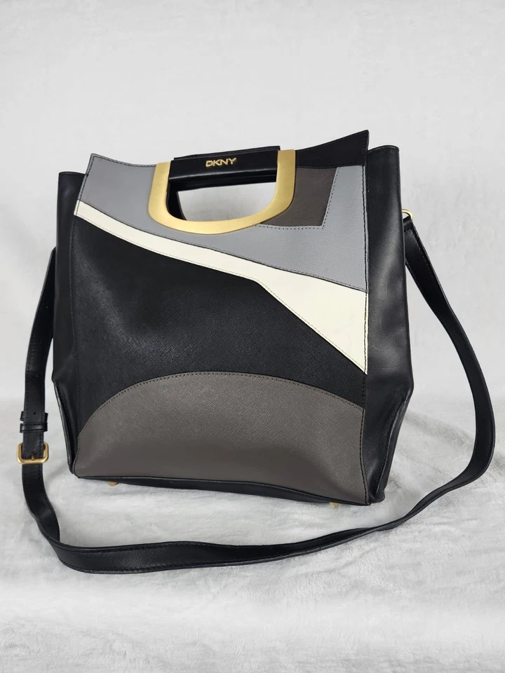 DKNY geometric black grey tote detachable shoulder strap purse bag - Image 1 of 4