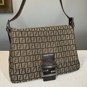 FENDI Zucchino Mamma Baguette Shoulder Bag FF Canvas/Leather Brown 8BR001 Used - Picture 1 of 24