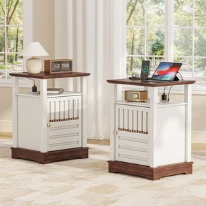 2 Set Farmhouse End Table w/ Charging Station Narrow Sofa Side Tables Nightstand - Picture 1 of 26