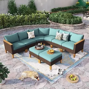 8-Pieces Patio Furniture Set Outdoor Sectional Sofa Rattan Wicker Sofa Sets Blue - Picture 1 of 7
