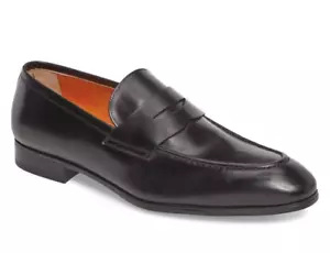 Santoni Gavin Mens Leather Penny Loafers Slip-On Shoes Black Size 7.5 D / US 8.5 - Picture 1 of 6