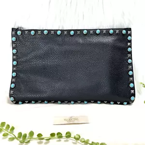 VALENTINO GARAVANI Silver Rockstud / Turquoise Black Leather Clutch Bag - Picture 1 of 16