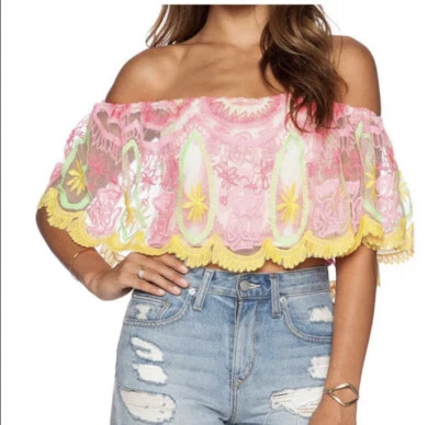 JEN'S PIRATE BOOTY "ACID PIXIE" VIBRANT OFF SHOULDER FESTIVAL CROP TOP XS - Image 1 of 4