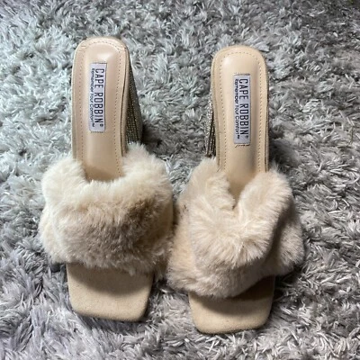 Cape Robbin Heels Womens Size 9 Tan Fuzzy Rhinestone Pumps Open Toe Sandal Fur - Image 1 of 4