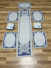 13 Piece Set Embroidered Linen Napkins 7 Placemats 5 & Runner 1 Blue Flowers