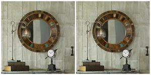 PAIR FARMHOUSE 32" RUSTIC RECLAIMED OLD DOOR MANGO WOOD WALL VANITY MIRRORS - Picture 1 of 3