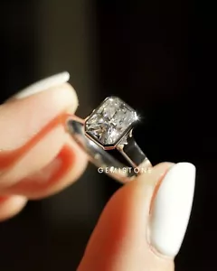 3 CT Bezel Set Radiant Cut Moissanite Wide Band 14K White Gold Engagement Ring - Picture 1 of 9