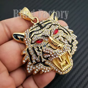 HIP HOP RAPPER STAINLESS STEEL GOLD PT LARGE TIGER HEAD CHARM PENDANT S-02 - Picture 1 of 3