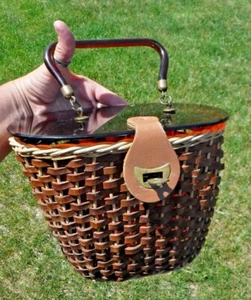 Vintage~Fabulous~Amber/Brown Lucite Purse~Handbags~Woven Leather Basket~Italy - Picture 1 of 12