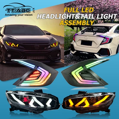 LED Headlights & RGB LED Tail Lights For Honda Civic Sedan 16-21 Front Rear Lamp Foto 1 de 4