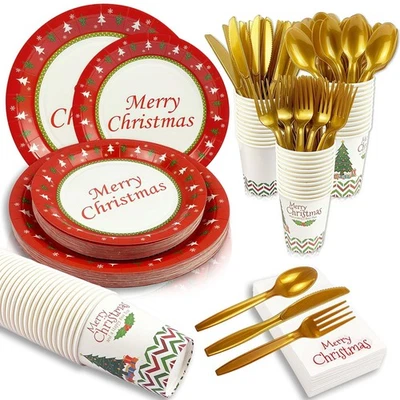200 Pcs Merry Christmas Disposable Dinnerware Set for 25 Guests Christmas Pap... - Image 1 of 4