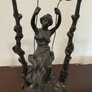 9" Vintage Jugendstil schwere Bronzeskulptur "Mädchen auf Schaukel" von Auguste Moreau - Bild 1 von 9