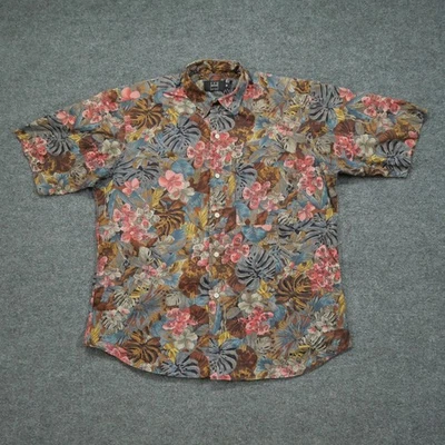 Vintage Ike Behar SHirt Mens Medium Pink Brown Blue Button Up Floral Hawaiian - Image 1 of 4